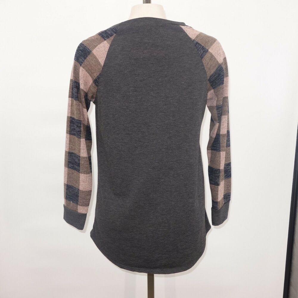 12PM by Mon Ami Gray Shirt Green Pink Black Plaid Sleeves Women's Small 4/6 - Picture 5 of 8